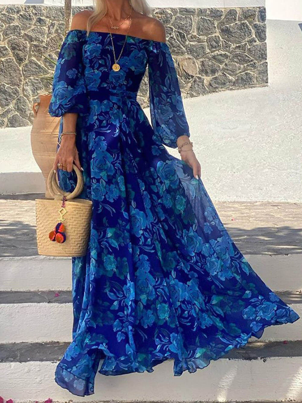 Marbella Blue - Floral Off Shoulder Smocked Maxi Dress - Viaroi