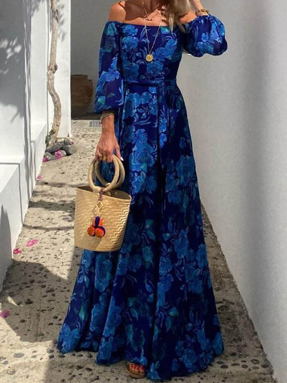 Marbella Blue - Floral Off Shoulder Smocked Maxi Dress - Viaroi