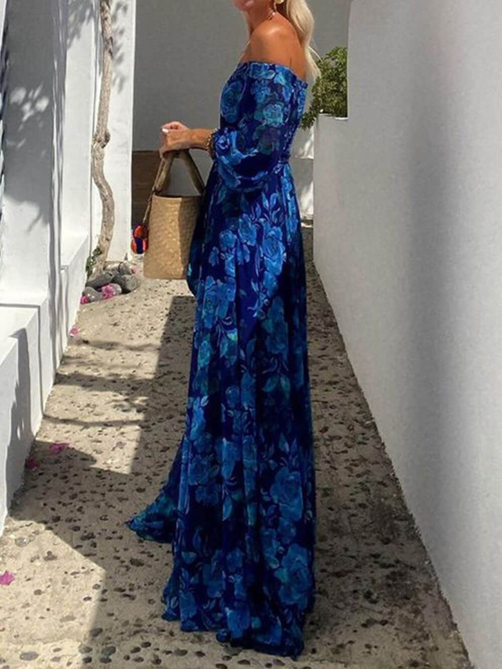Marbella Blue - Floral Off Shoulder Smocked Maxi Dress - Viaroi