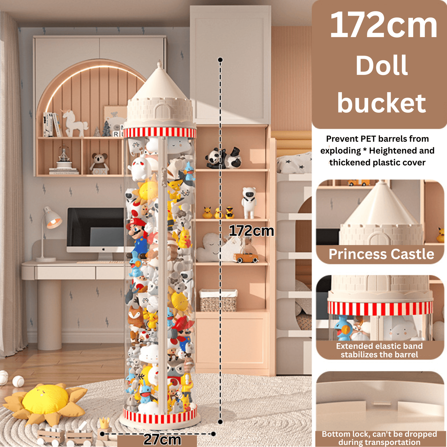 Multi-Purpose Plastic Princess Castle Doll Storage Bucket with Zipper (27cm)