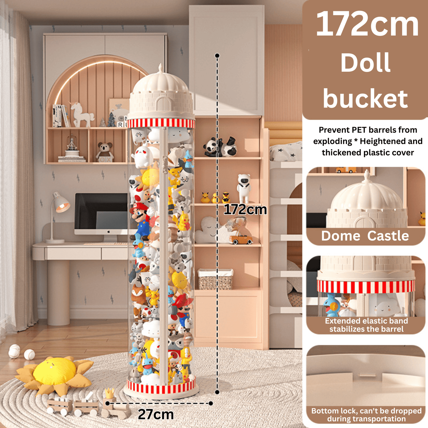 Multi-Purpose Plastic Princess Castle Doll Storage Bucket with Zipper (27cm)