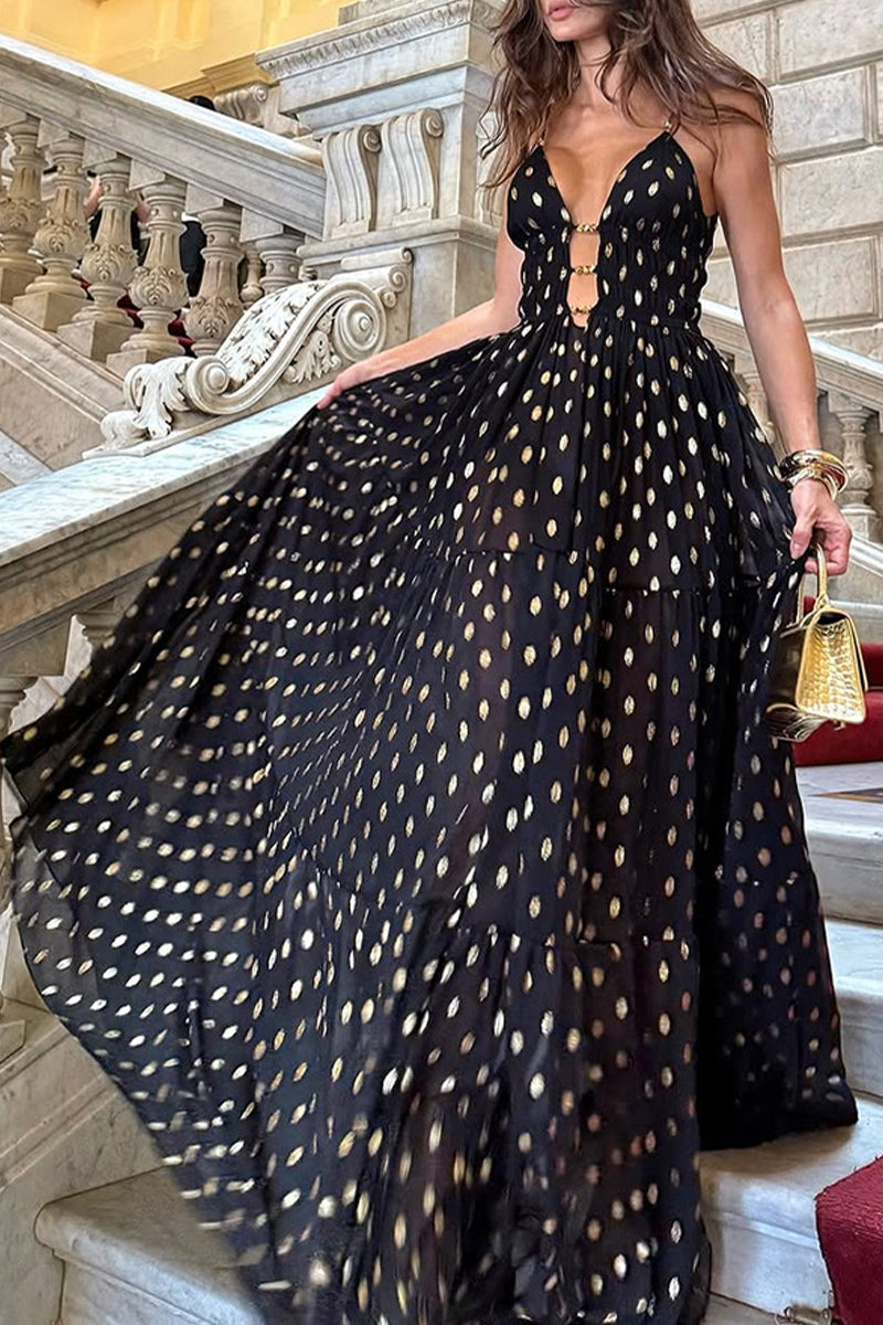 セクシーな水玉模様のコントラストVネックロングドレス