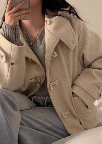 Horn Button Woolen Hooded Coat with Large Pockets