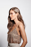 Light Brunette Female Wavy Long Haired Model wearing Three of The Hair Edit's Pearl Square Gold Jeweled Clip Hair Accessories